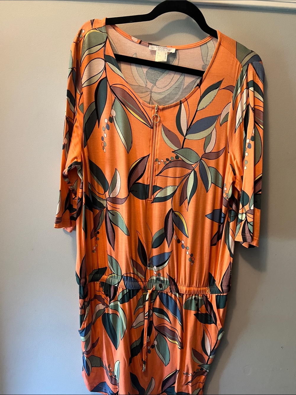 Women's Orange Leaf-Print Drawstring Long-Sleeve Dress by